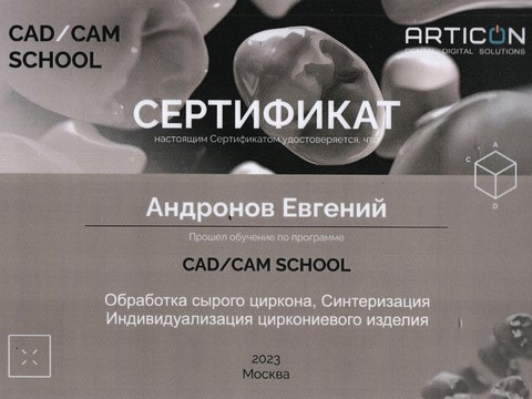 Сертификат врача «Андронов Евгений Витальевич» - Сертификат CAD/CAM SCHOOL. Обработка сырого циркона